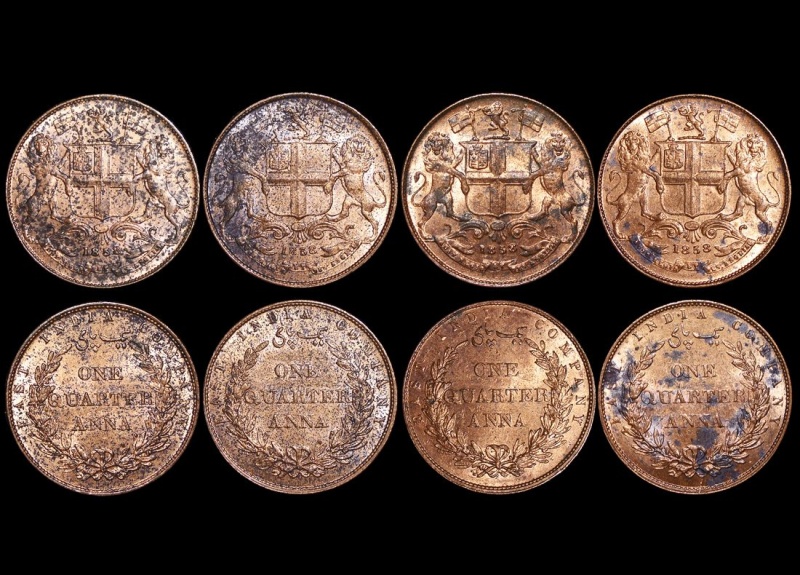 British India, East India Company, Copper Quarter Annas, 1858, Single Leaf Wreath Tips (4), A Lot Of (4) Coins