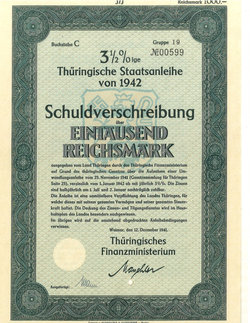 1000 Reichsmark Nazi Germany Bond Issue, December 12Th 1941