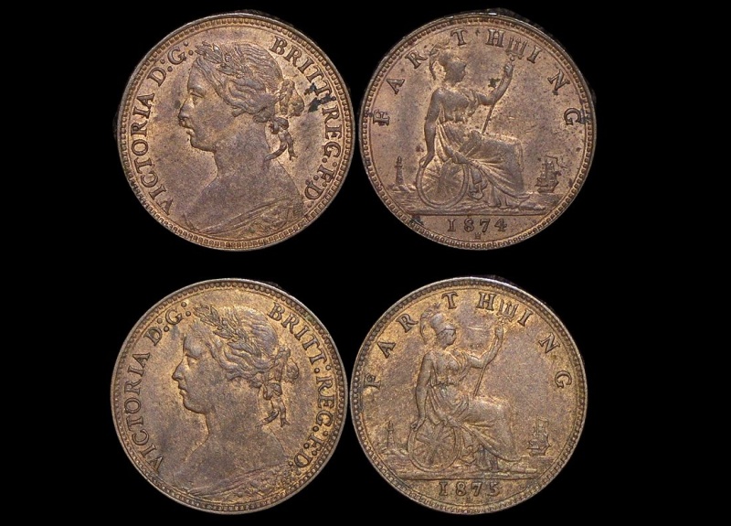 Great Britain, Victoria (1837-1901), Bronze Farthing, 1874H Au Some Lustre (1), 1875 Au Some Lustre (1), A Lot Of (2) Coins