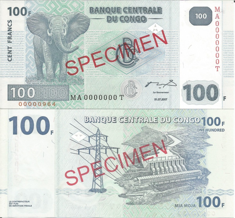 Congo D.R. Pdr98as(U) 100 Francs (Specimen)