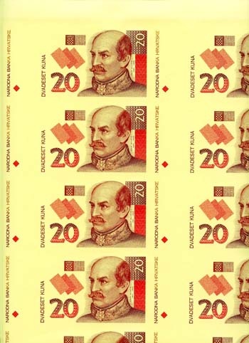 Croatia P30-1 (Obverse) 20 Kuna Uncut Sheet Of 40 Notes