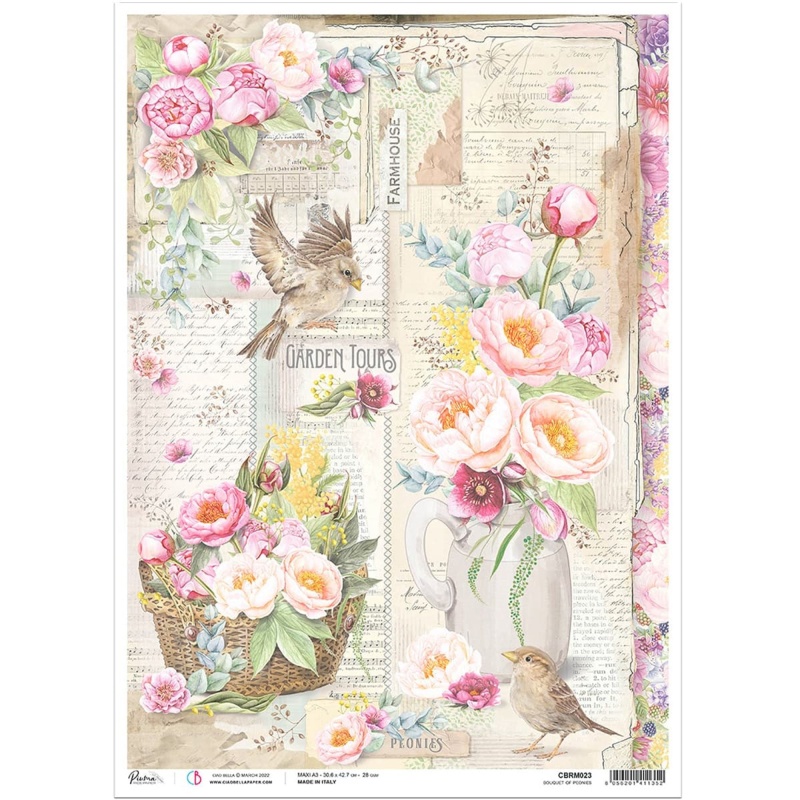 Ciao Bella Rice Paper A3 Bouquet Of Peonies - 3 Sheets