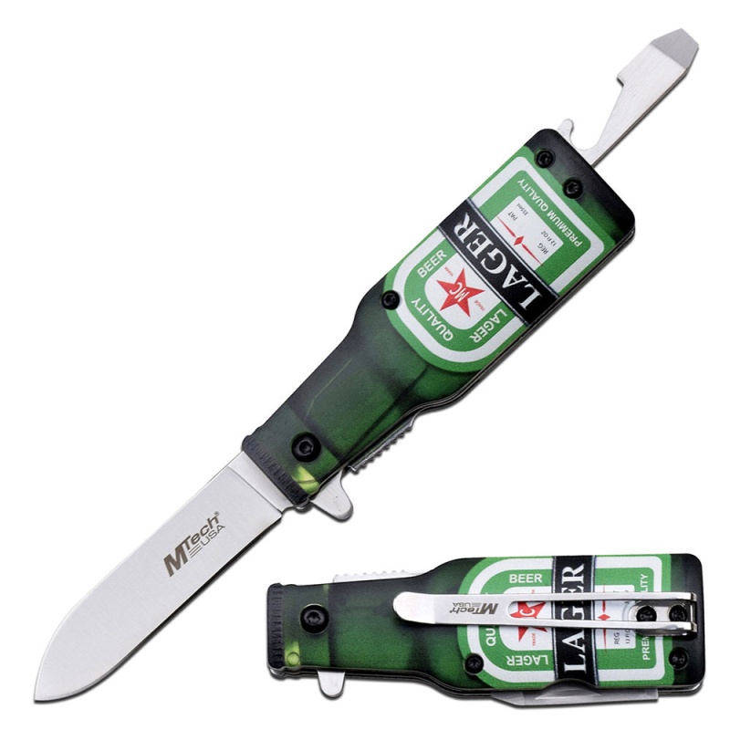 Green Bottle Design Spring Assisted Bottle Opener Knife