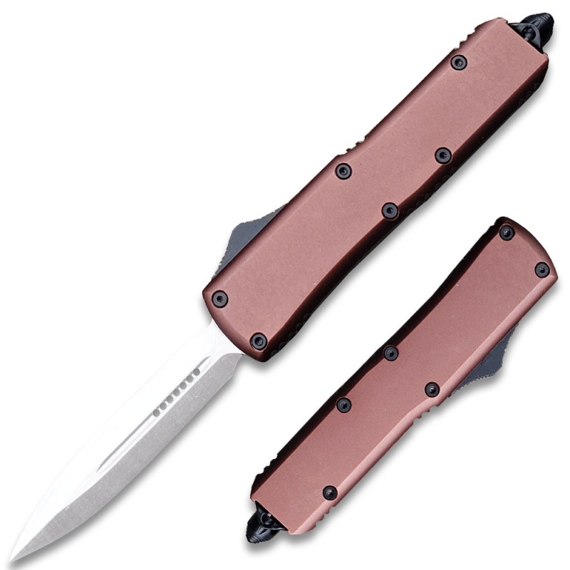 Metallic Brown Legends Micro D2 Steel Otf Stiletto Double Edge Silver Blade