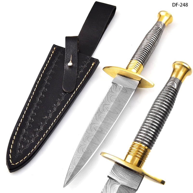 White Deer British Commando Damascus Knife with Brass Guard