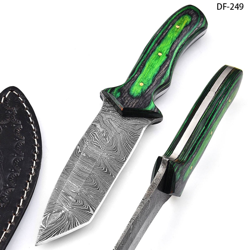 White Deer Tracker Tanto Point Damascus Hand Forge Skinner Knife Green Wood Handle