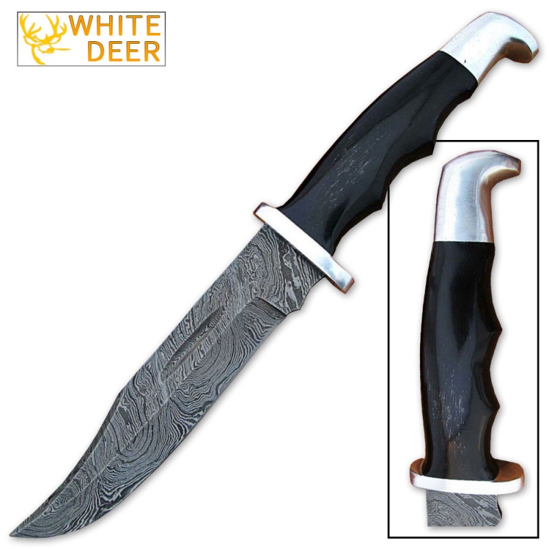 Damascus Steel Bowie Knife Full Tang Black Buffalo Handle