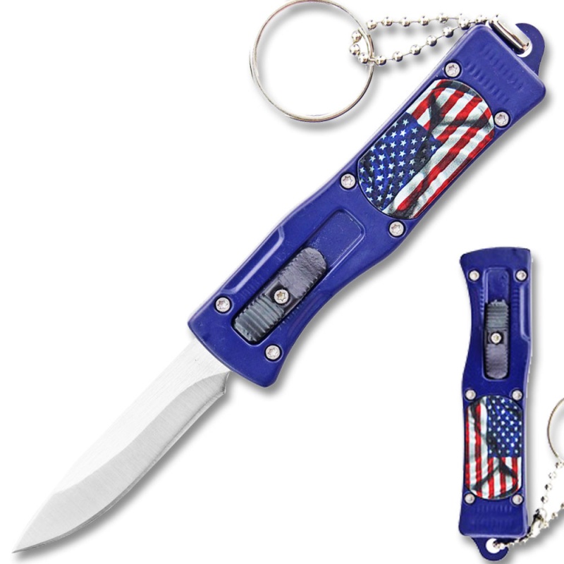 Blue 3D American Flag California-Legal OTF Knife with Key Ring