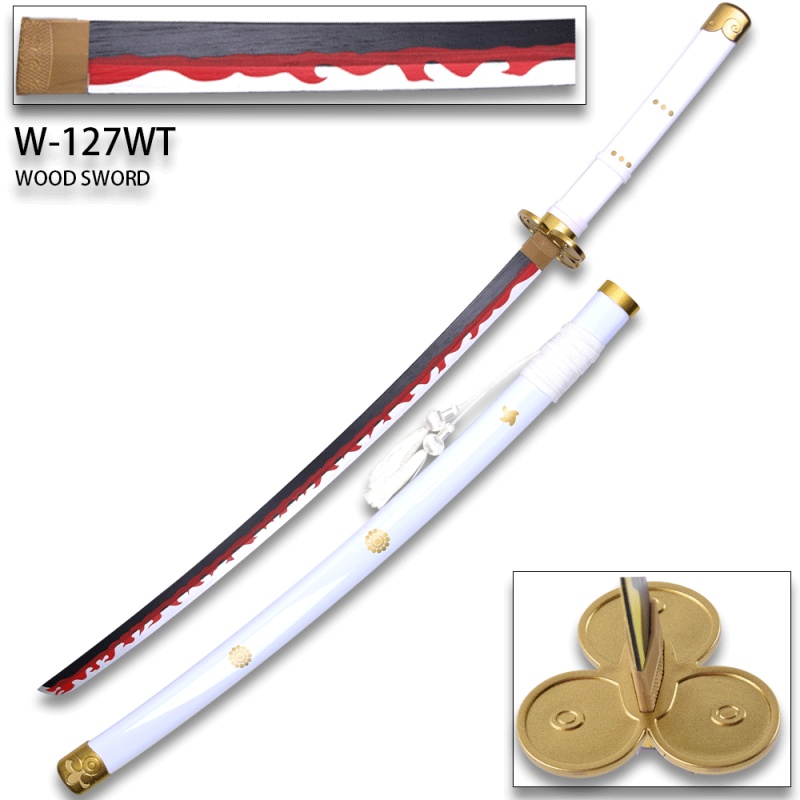 One Piece - Roronoa Zoro's White"enma" Wood Sword Katana W/Plastic Scabbard