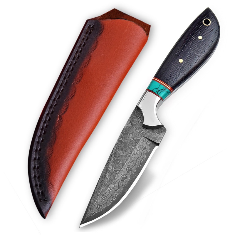 8" Damascus Hand Forge Fixed-Blade Skinner Hunting Knife W Wood & Turquoise-Style Handle