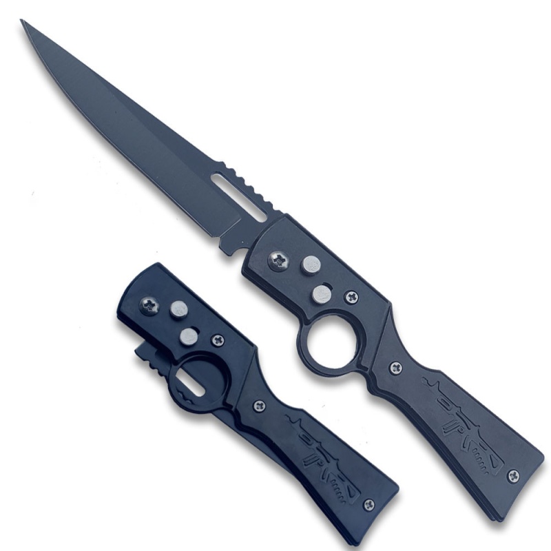 Ak 47 Gun Styel Auto Knife Push Button Black Drop Point Blade