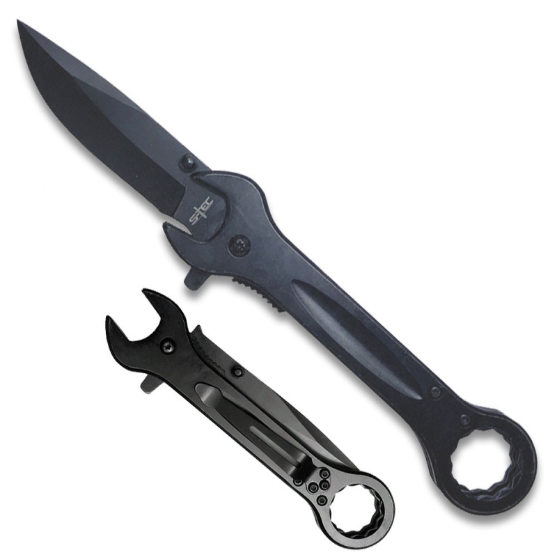 Spring Assist Folding Knife & Wrench Multitool - Black