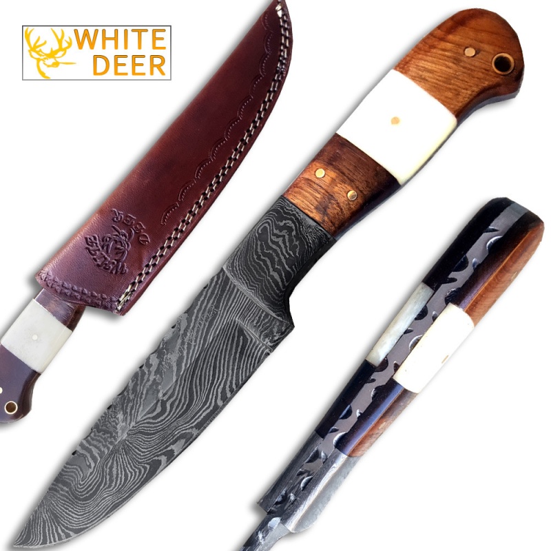 White Deer Custom Made Damascus Skinner Knife W/ Full Tang Bone Walnut-Wood