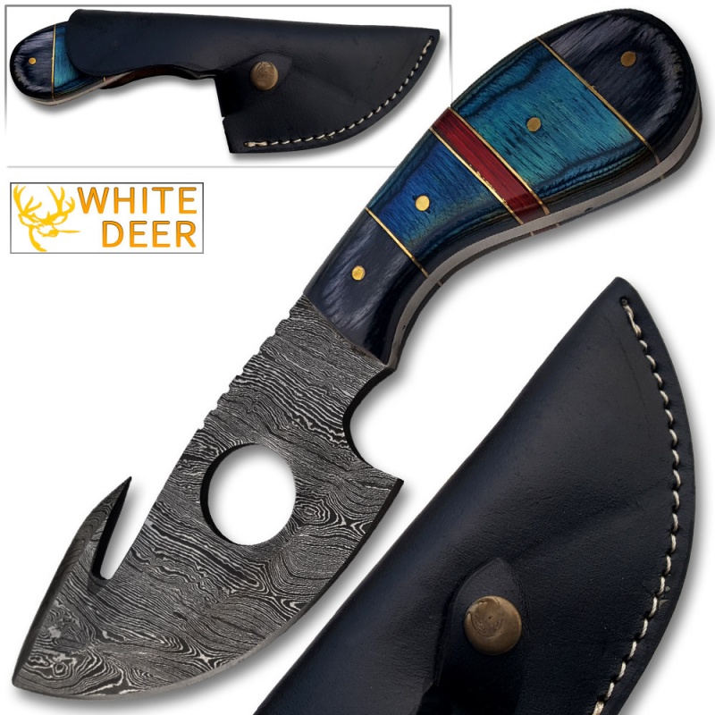 White Deer Damascus Gut Hook Skinner Hunting Knife (Hand Made)