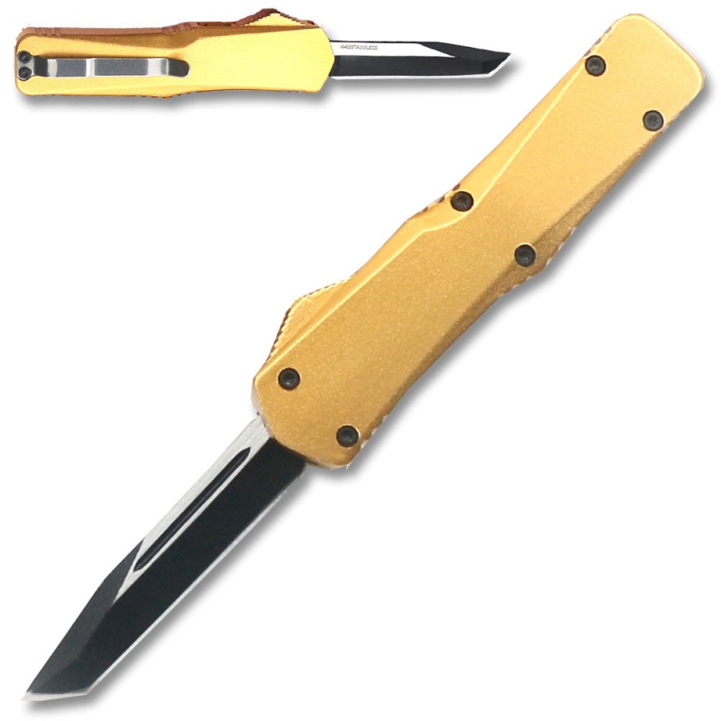 Electrifying California Legal Otf Dual Action Knife (Gold) Tanto Blade