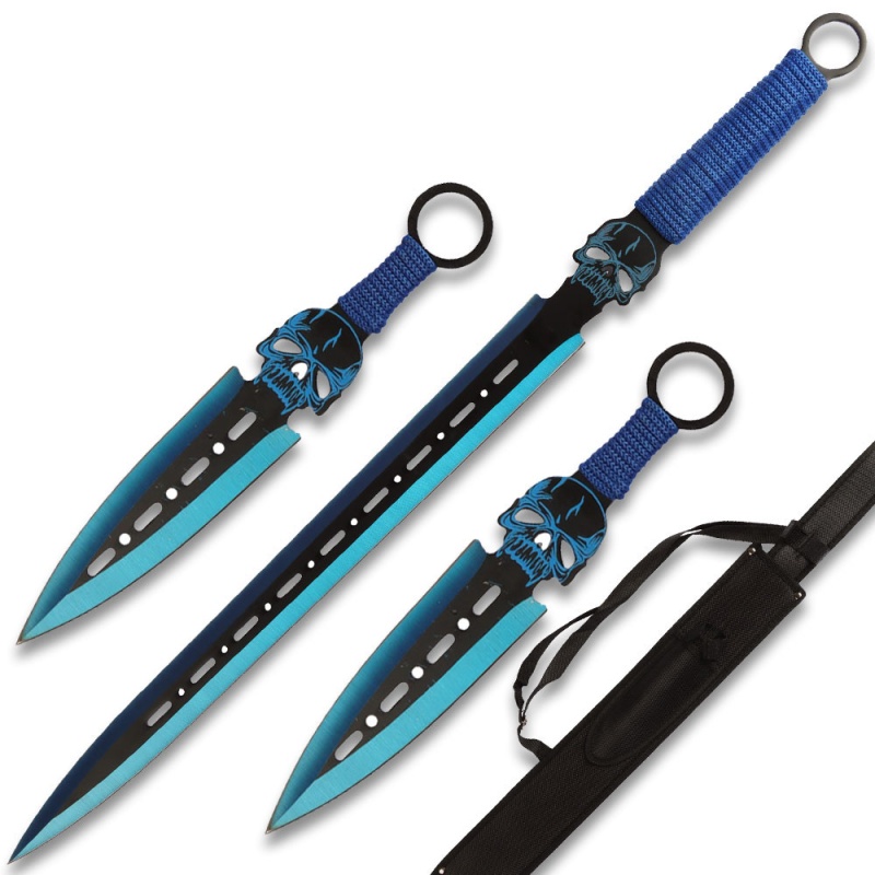Blue Demon Warrior Sword 26.5" Overall 2 Pcs Throwing Knife Set