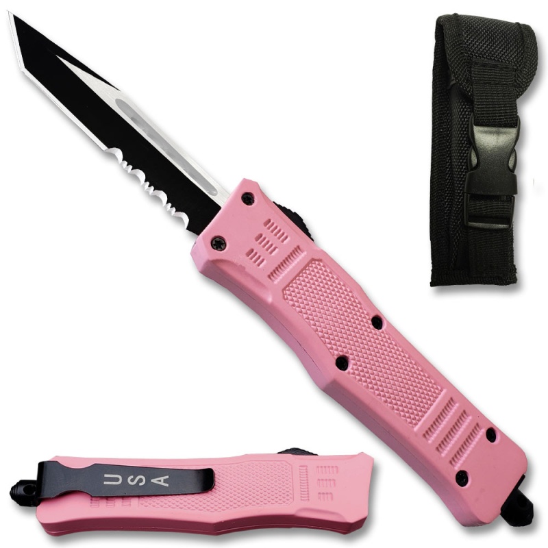 Pink Legacy Edge Otf Knife Tanto Point, Serrated Blade