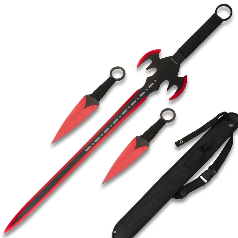 Red Ninja Bat Warrior Sword 26.5" Overall 2 Pcs Throwing Knife Set