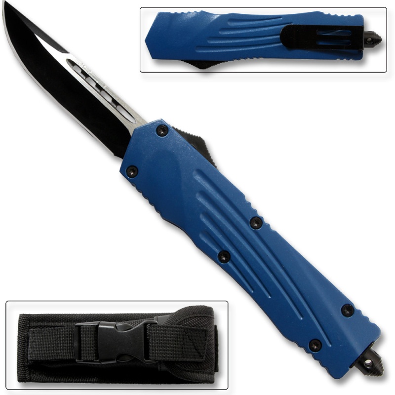 Blue Straight Edge Flagship Otf Knife Clip Point
