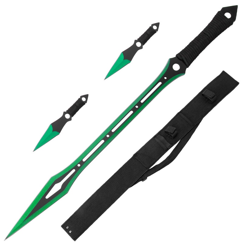 Green Ninja Warrior Sword 27" Overall 2 Pcs Throwing Knife Set