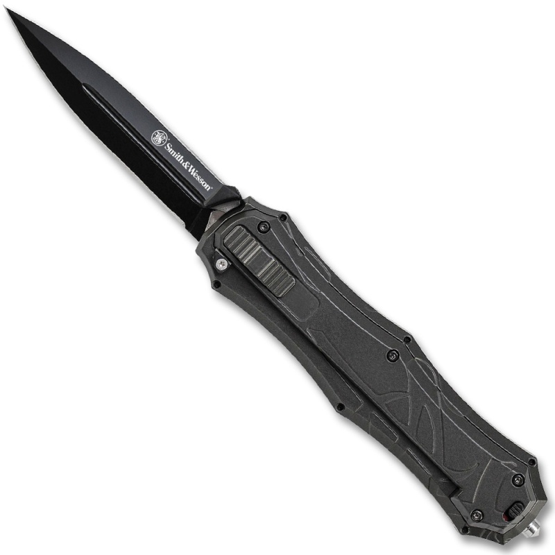 Smith & Wesson Otf Assisted 3.6" Black Double Edge Blade, Black Aluminum Handles