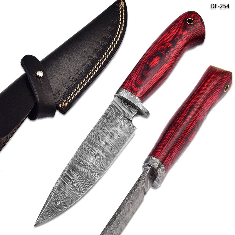White Deer Damascus Bolster Hand Forge Hunter Knife Red Frost Wood Handle