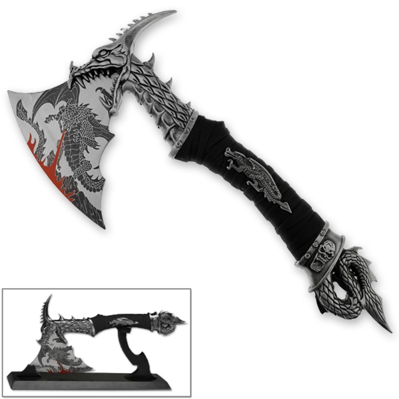 Dragonborn Dovahkiin Ornate Sharp Dragon Axe | 14.5In Wooden Stand Stainless Blade
