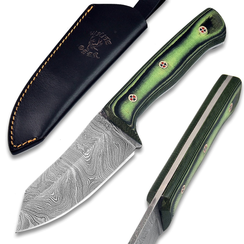 White Deer Damascus Hand Forge Japanese Hunter Knife Micarta Green Handle