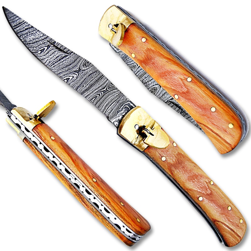 Olive Wood Handle Damascus Lever Lock Auto Knife