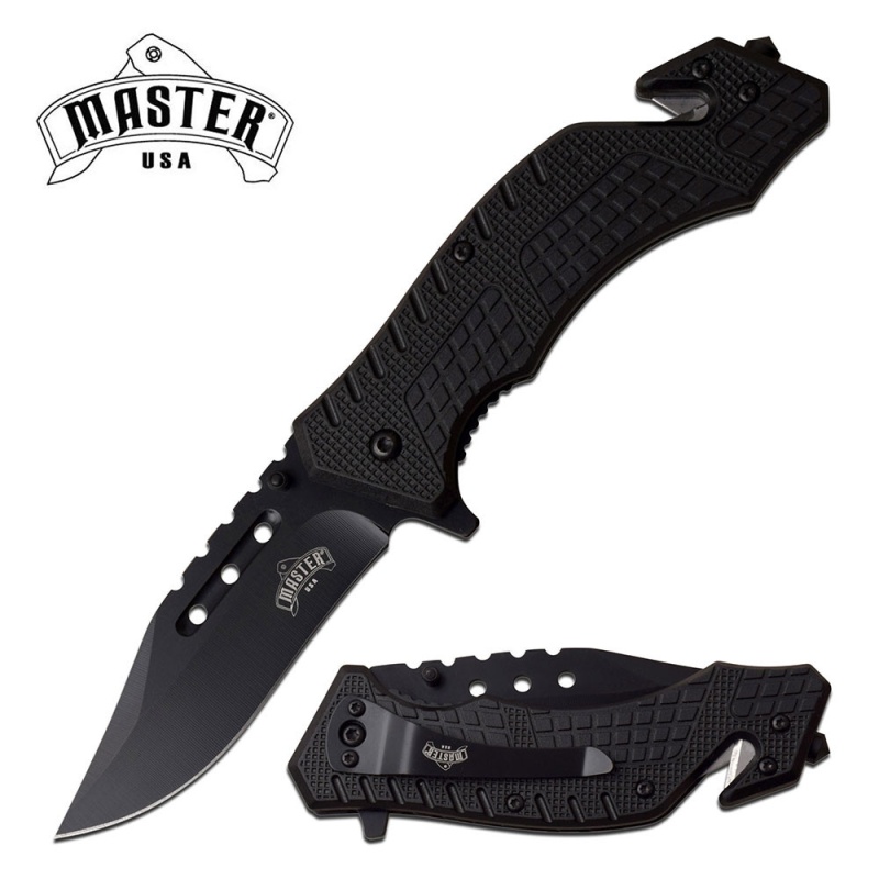 Master Usa 3Cr13 Stealth Black Rescue Ao Knife Polymer Grips All Black