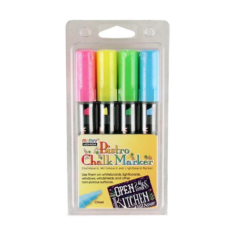 Bistro Chalk Markers Chisel Tip 4 Clr Set Fluorescnt Ylw Pnk Grn Blu