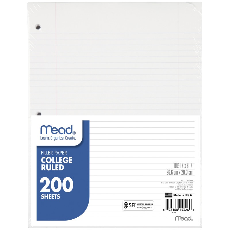 Filler Paper College Ruled 200Sheet 10-1/2 X 8