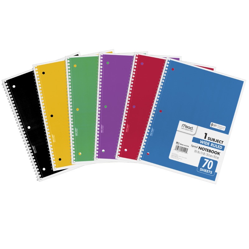 Notebook Spiral Single Subject 70Ct 10.5X8 Wide Ruled Assorted Colors