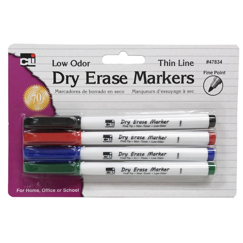 Dry Erase Marker Thin Line 4 Pk Assorted Colors
