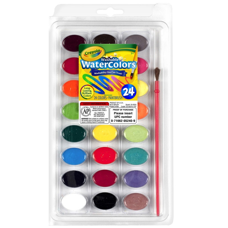 24Ct Washable Watercolor Pans With Plastic Handled Brush