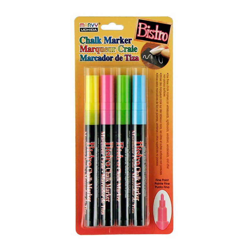 Bistro Chalk Markers Fine Tip 4 Clr Set Fluorescent Pnk Blu Grn Ylw
