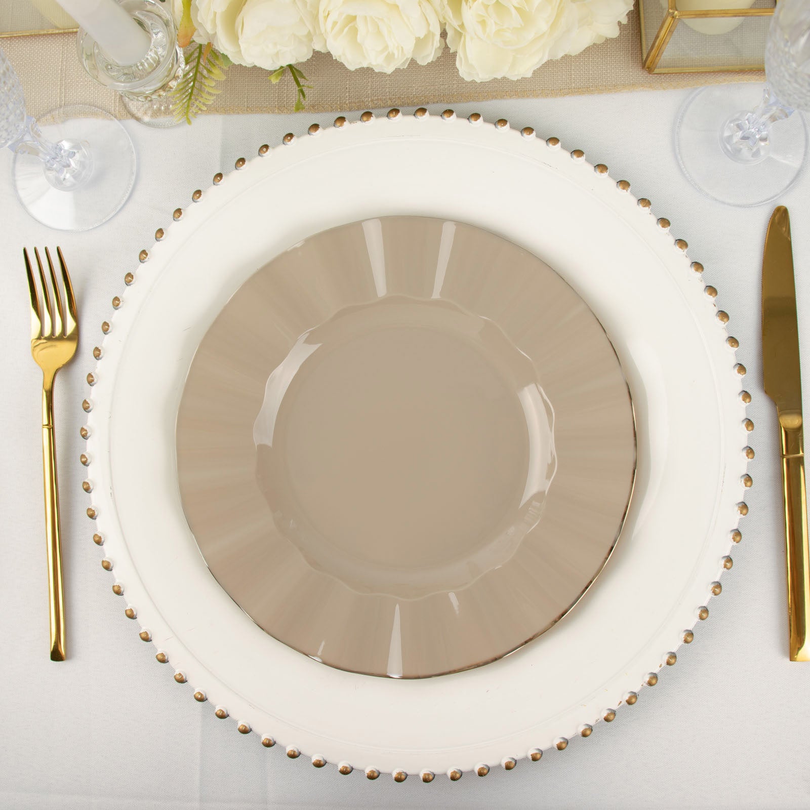 10 Pack White Hard Plastic Dessert Plates With Gold Ruffled Rim, Heavy Duty Disposable  Salad Appetizer Dinnerware 6