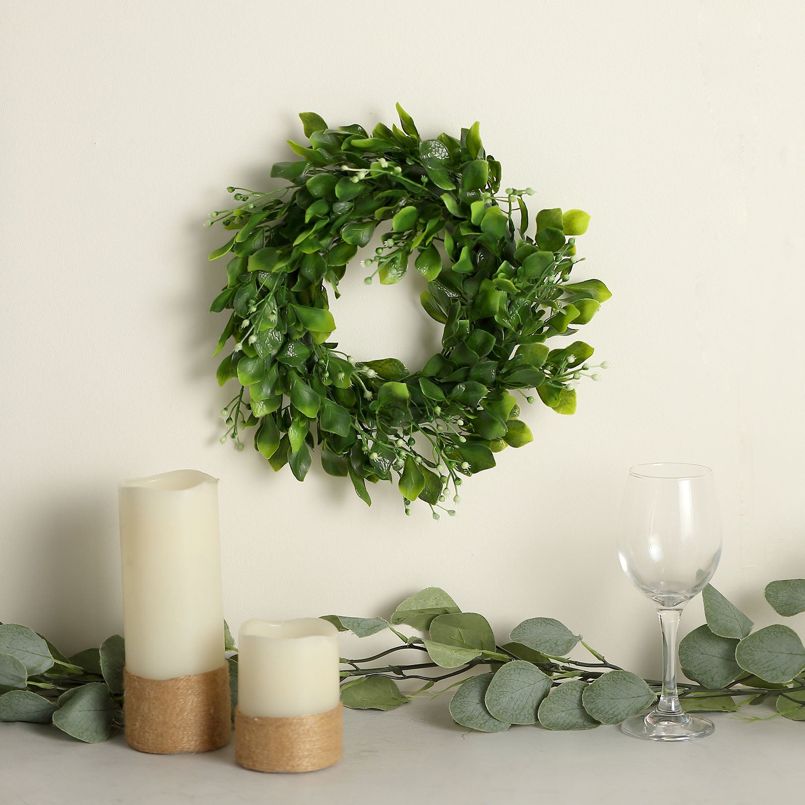 2 Green 22 in Wreaths Artificial Boxwood and Fern Leaves Candle Rings