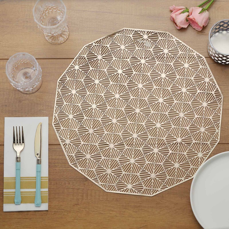 6 Pack Gold Geometric Woven Vinyl Placemats, Non-Slip Dining Table