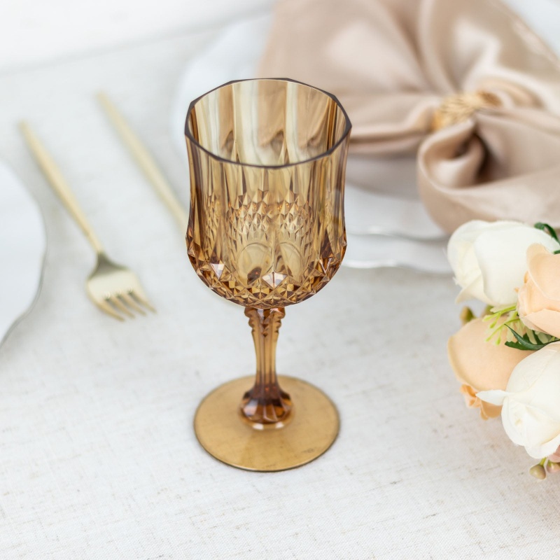 6 Pack Amber Gold Crystal Cut Reusable Plastic Champagne Glasses,  Shatterproof Wedding Toast Flute Glasses 8Oz