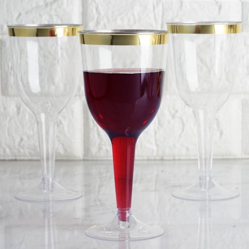 12 Pack 9Oz Gold Rimmed Plastic Wine Glasses Disposable Cups Hollow
