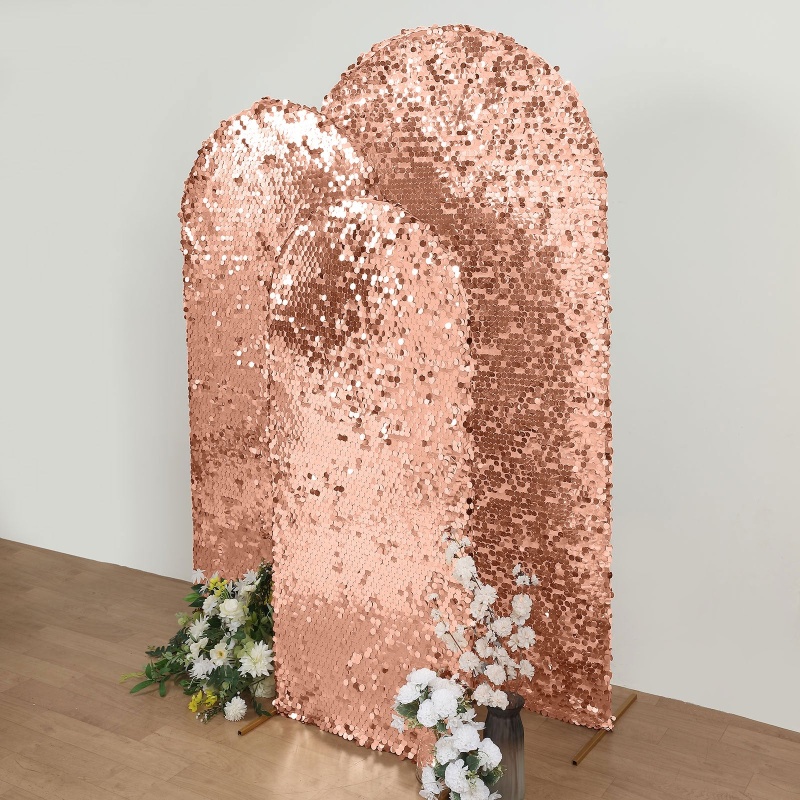 Sparkly Rose Gold Double Sided Big Payette Sequin Fitted Wedding Arch Cover For Round Top Chiara Backdrop Stand 5Ft