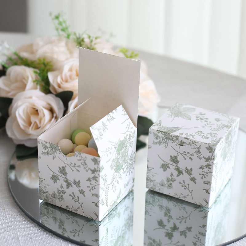 25 Pack White Sage Green Floral Print Paper Gift Boxes, Cardstock Party  Shower Candy Favor Boxes - 4X4x2