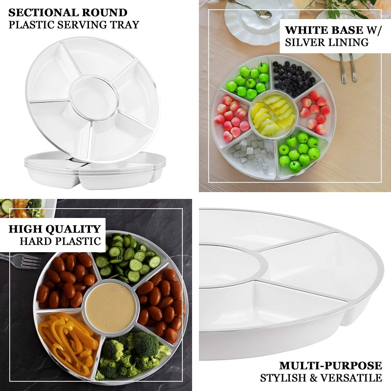 4 Pack White Plastic Serving Trays, Disposable Food Trays 6-Compartment  With Silver Rim - Round 12