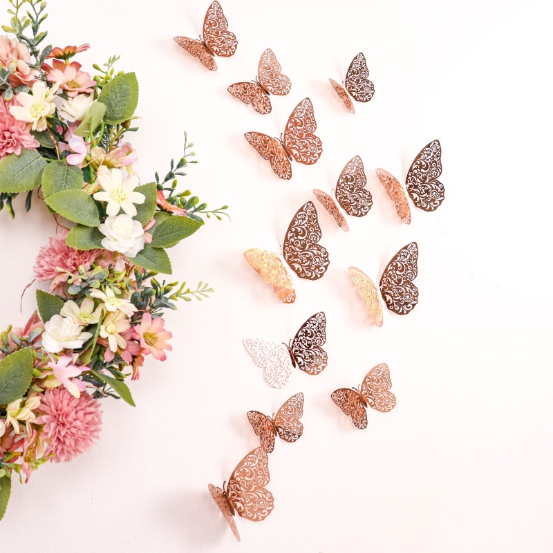 12 Pack 3D Rose Gold Butterfly Wall Decals Diy Removable Mural Stickers  Cake Decorations