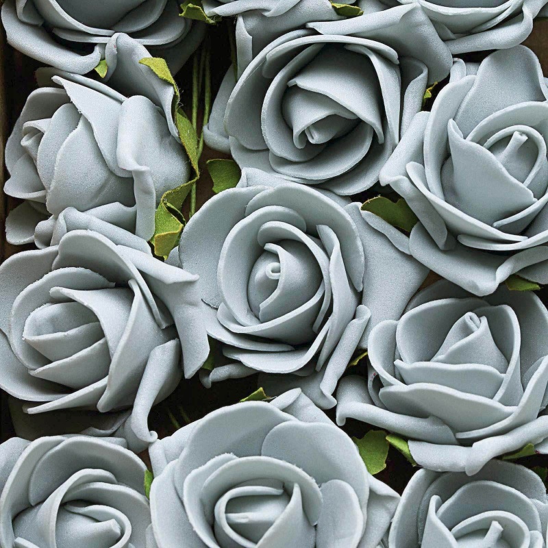 24 Roses Silver Artificial Foam Flowers With Stem Wire And Leaves 2