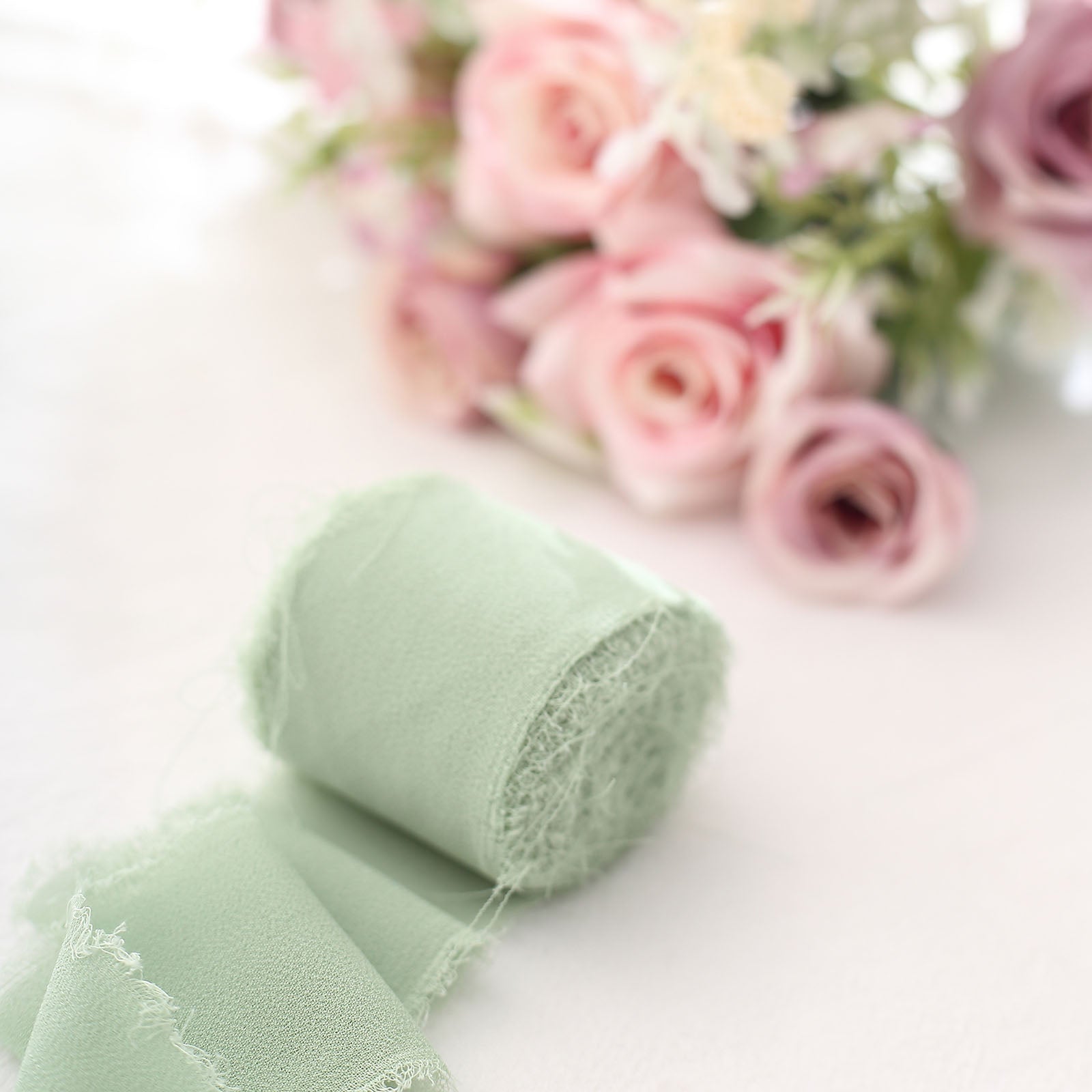 2 Pack 6yds Dusty Sage Green Silk-Like Chiffon Ribbon Roll, DIY Wedding Bouquet Linen Wrap | by Tableclothsfactory