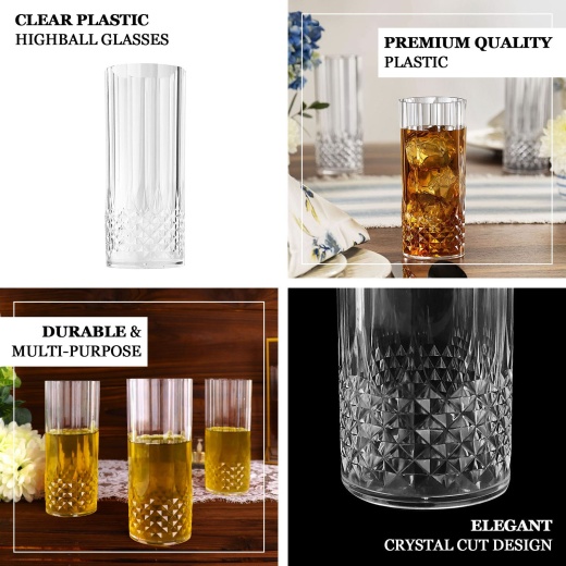 6 Pack Green Crystal Cut Reusable Plastic Highball Drink Glasses,  Shatterproof Tall Cocktail Tumbler Cups - 14Oz