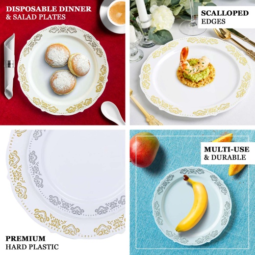 10 Pack White Hard Plastic Dinner Plates, Disposable Tableware