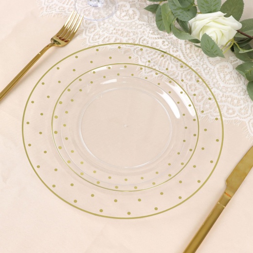 10 Disposable Round Plastic Dessert Plates Gold Rim